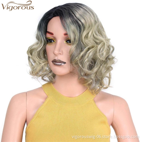 Vigorous Dropshipping Short Curly Wavy Wig Ombre Blonde Bob Part Side Synthetic Wigs For Women Heat Resistant Fiber
